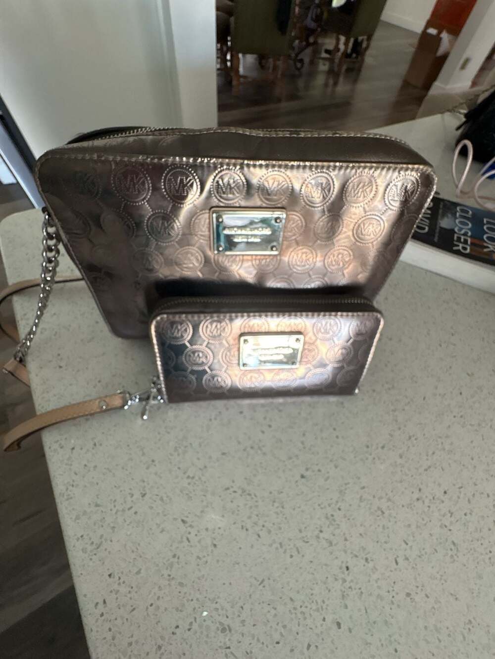 Michael Kors Metallic Logo Print Crossbody Bag and Matching Wallet Set